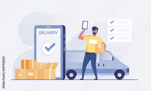 delivery man standing with parcel box and list of parcels. Vector illustration