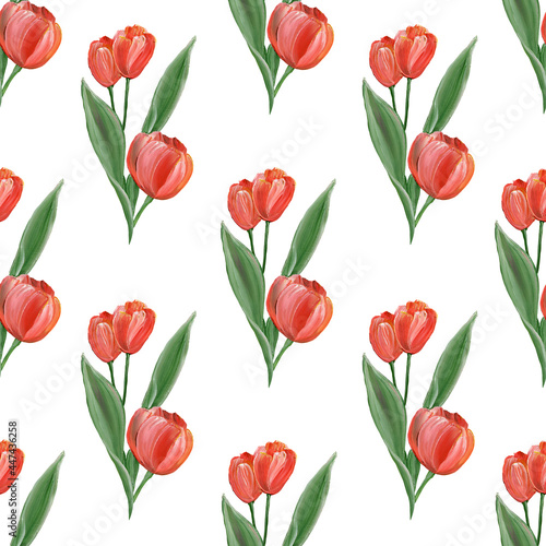 Red bright tulips with green leaves on a white background. Spring flowers. Watercolor seamless floral pattern. For textiles  gift wrapping.