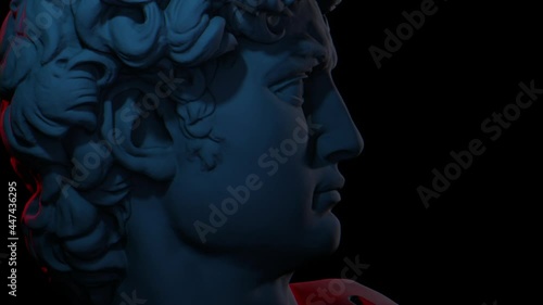 3d rendering of Michelangelo's famous David Renaissance sculpture in artistic red and blue light