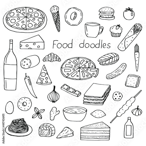 Food set, vector illustration of hand drawing doodles