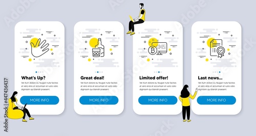 Vector Set of Business icons related to Whiskey glass  Bitcoin system and Hand icons. UI phone app screens with people. Certificate line symbols. Scotch drink  Cryptocurrency monitor  Swipe. Vector