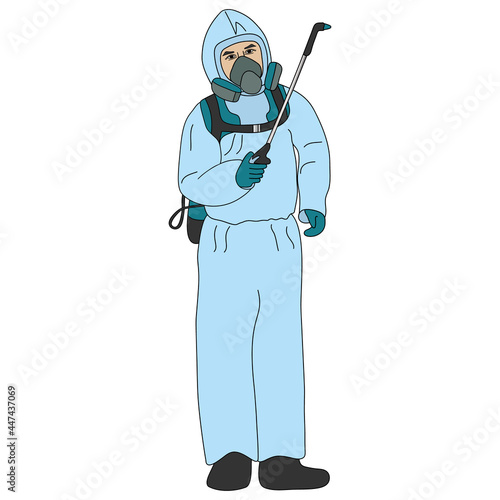 The specialist disinfects the air from the coronavirus infection COVID-19. Colored vector illustration. Disinfector in mask and protective suit. Isolated white background. Cartoon style. 