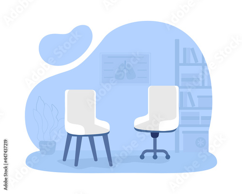 Armchairs for office room 2D vector isolated illustration. Private clinic. Comfortable place for talking with patients. Office chairs flat objects on cartoon background. First aid room colourful scene