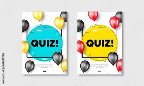 Quiz text. Flyer posters with realistic balloons cover. Answer question sign. Examination test symbol. Quiz text frame white posters. Balloons cover. Vector