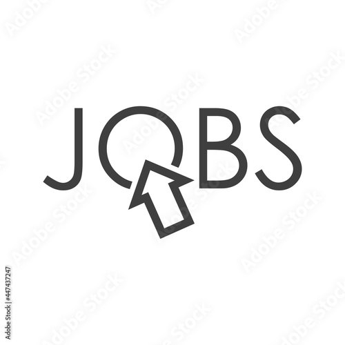 Búsqueda de empleo. Logotipo con palabra JOBS con flecha de cursor de mouse con lineas en color gris
