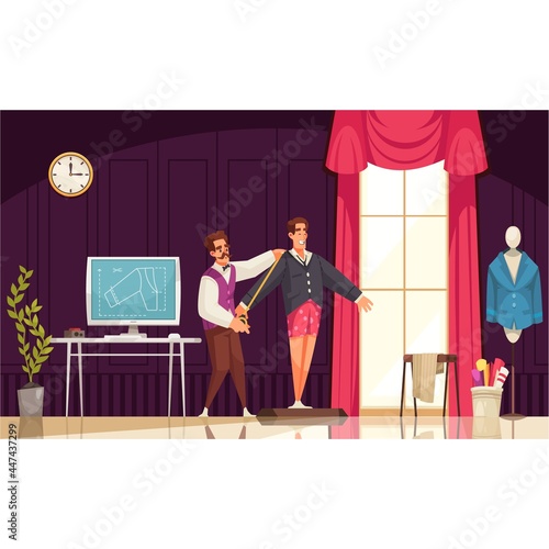 Tailor man takes measurements of a smiling man for a jacket in an atelier caricature illustration