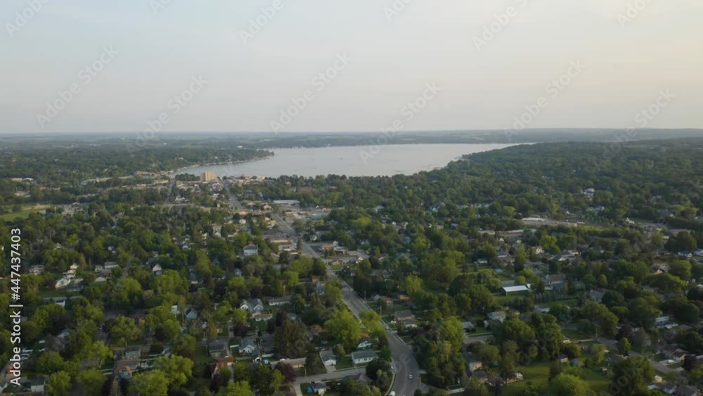 Cinematic Aerial Shot of Downtown Lake Geneva, WI with Lake in Background Cinematic Aerial Shot of Downtown Lake Geneva, WI with Lake in Background