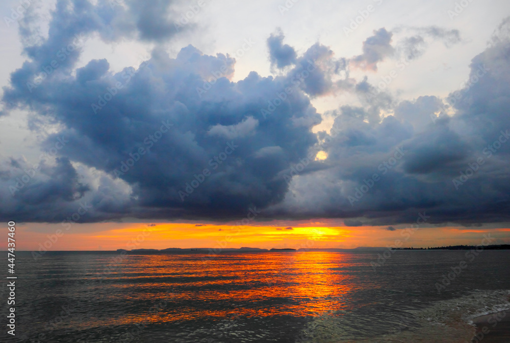 Beautiful scenic landscape with dark cloudy sky at Sunset in Otres, Sihanoukville, Gulf of Thailand, South Cambodia