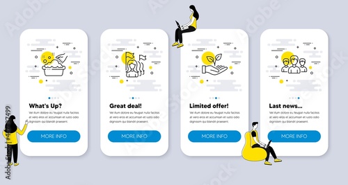 Set of People icons, such as Hand washing, Helping hand, Feminism icons. UI phone app screens with people. Group line symbols. Laundry basin, Startup palm, Women protest. Group of people. Vector