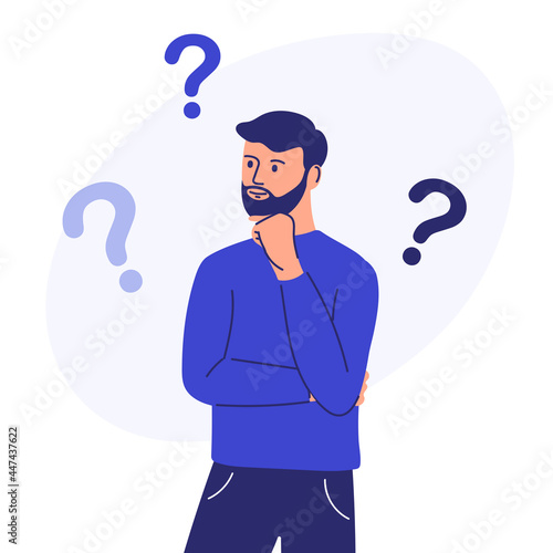 person having a question. A male character, standing in a pensive pose, holds his chin and question marks above his head.