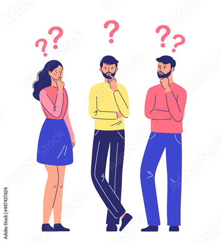 Couple of man and woman having a question. Male and female characters, standing in a brooding pose, hold their chin and question marks above their heads.
