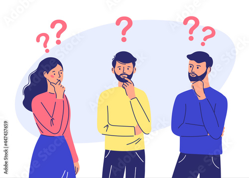 Couple of man and woman having a question. Male and female characters, standing in a brooding pose, hold their chin and question marks above their heads.