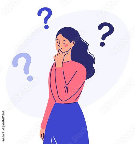person having a question. A female character, standing in a pensive pose, holds her chin and question marks above her head.