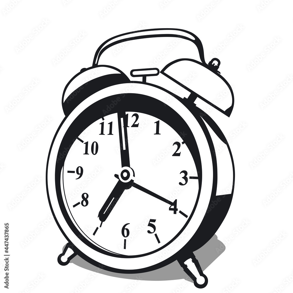Classic alarm clock. High contrast black and white vector illustration with shadow isolated on white background Classic alarm clock. High contrast black and white vector illustration with shadow isolated on white background