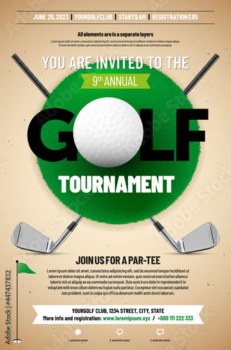 Golf tournament poster template with ball and golf clubs