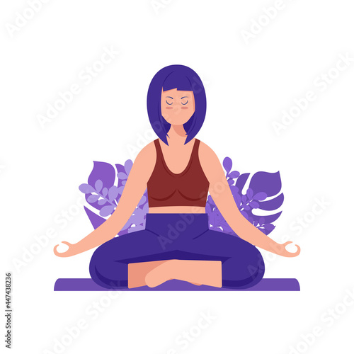 Woman meditating on nature. Concept illustration for yoga, meditation, healthy lifestyle. Vector illustration in flat cartoon style