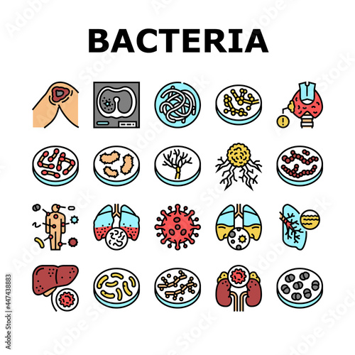 Bacteria Infection Collection Icons Set Vector. Candida Bacteria And Plague, Cancer Cell And Thyroid Disease, Cutaneous Mucormycosis And Parasit Worms Line Pictograms. Contour Color Illustrations