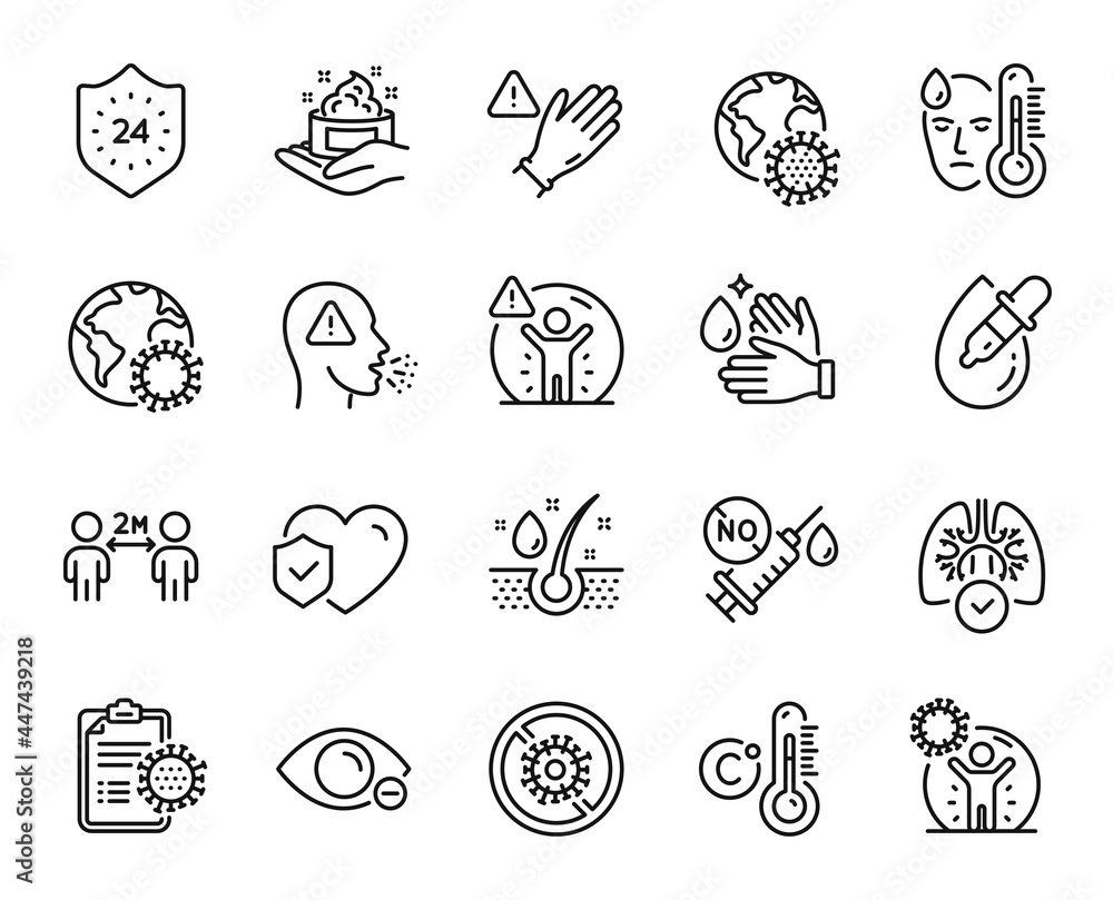 Vector set of Lungs, Coronavirus protection and Myopia line icons set. 24 hours, Coronavirus pandemic and Wash hands icons. Skin care, Serum oil and Cough signs. Lungs web symbol. Vector