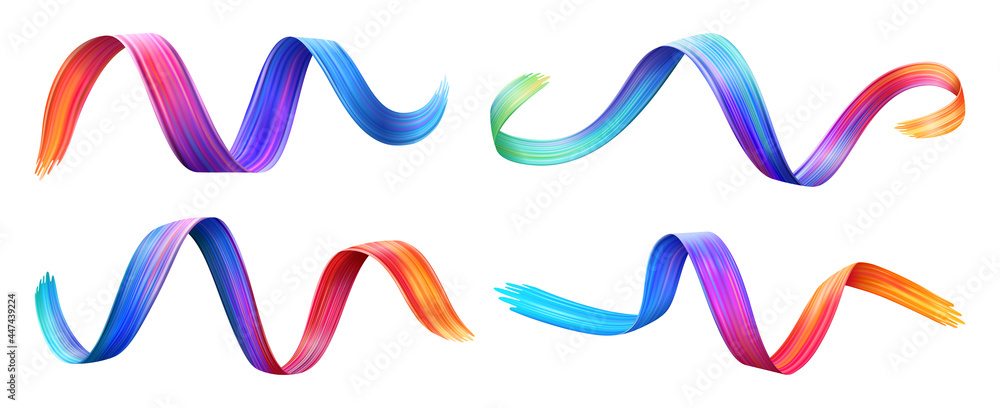 Brushstroke multicolor gradient texture brush ribbon isolated on white. Vector wavy colorful curly brush paint stroke, watercolor trace or abstract colorful smear, felt-tip pen background backdrop