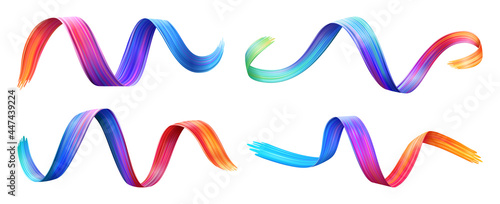 Brushstroke multicolor gradient texture brush ribbon isolated on white. Vector wavy colorful curly brush paint stroke, watercolor trace or abstract colorful smear, felt-tip pen background backdrop
