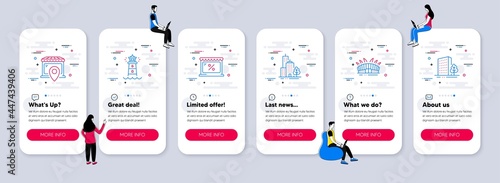 Vector Set of Buildings icons related to Market location, Skyscraper buildings and Market icons. UI phone app screens with teamwork. Lighthouse, Arena stadium and Buildings line symbols. Vector