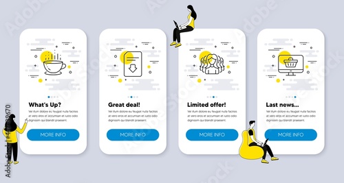 Set of Business icons, such as Women group, Coffee cup, Download file icons. UI phone app screens with people. Web shop line symbols. Lady service, Hot drink, Load document. Shopping cart. Vector