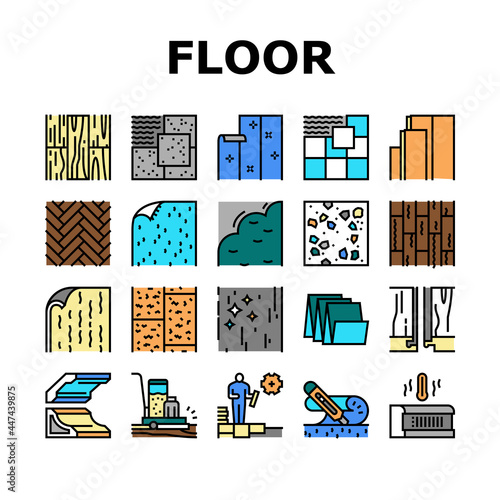 Floor Installation Collection Icons Set Vector. Carpenter Covering And Floor Heating Electronic System, Plastic And Wood Parquet Layer, Ceramic And Stone Line Pictograms. Contour Color Illustrations