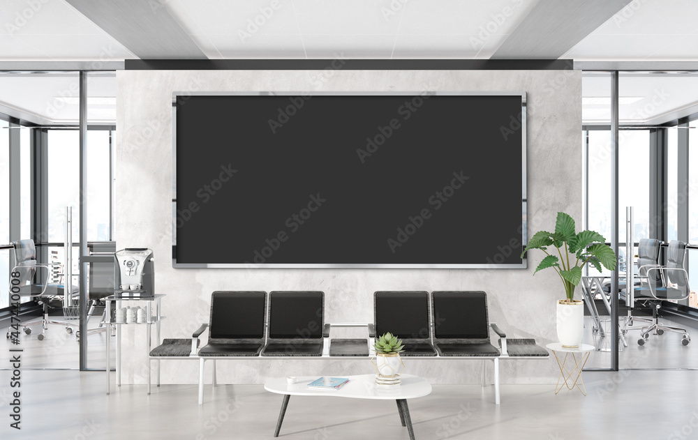 Panoramic frame Mockup hanging in office waiting room. Template of a billboard in modern interior 3D rendering Panoramic frame Mockup hanging in office waiting room. Template of a billboard in modern interior 3D rendering