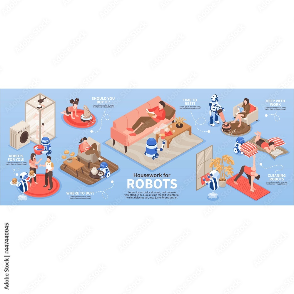 Fototapeta premium Robots cleaning houses infographics.