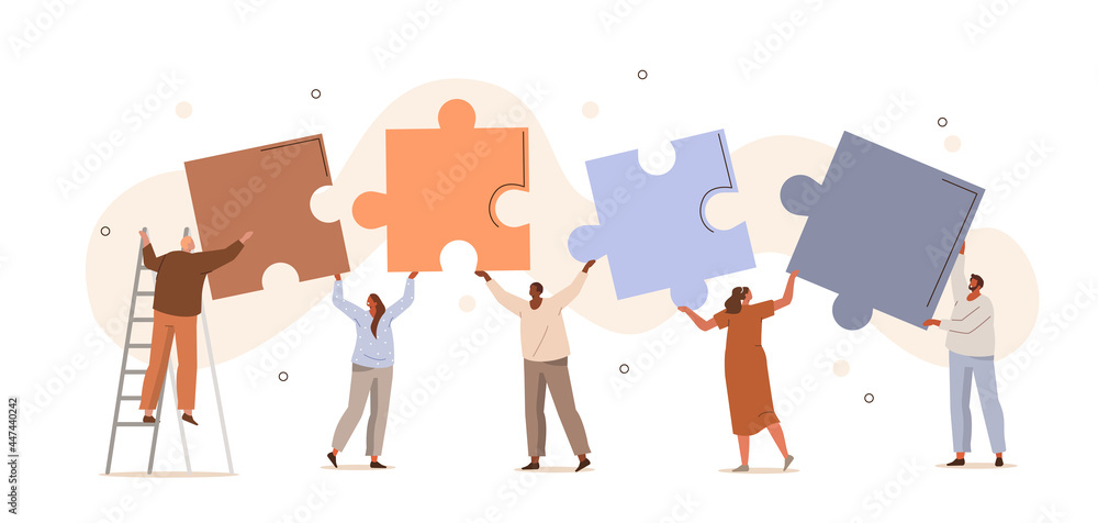 Business people working together and connecting separated puzzle pieces.  Characters assembling jigsaw puzzle. Teamwork, team building and business  solution concept. Flat cartoon vector illustration. Stock Vector