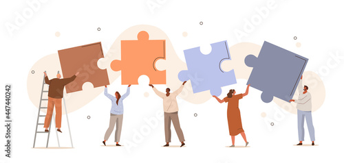 Business people working together and connecting separated puzzle pieces. Characters assembling jigsaw puzzle. Teamwork, team building and business solution concept. Flat cartoon vector illustration.