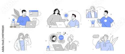 Business people working together. Characters meeting, having video call and communicating with colleagues and clients. Business activities concept. Flat cartoon vector illustration and icons set.
