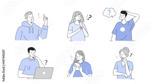 Confused people doubting, thinking and asking questions. Characters having hard choice, making decisions and solving problems. Flat cartoon vector illustration and icons set.