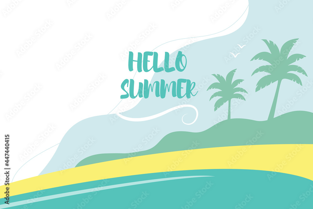 Hello summer vector illustration. Background picture with beach, palm trees and flying birds.