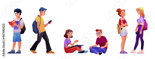 University student set isolated cartoon people. Vector young man and woman reads books, walk with smartphone, sit and talk. Communicating teenagers, first year college students, smart guys