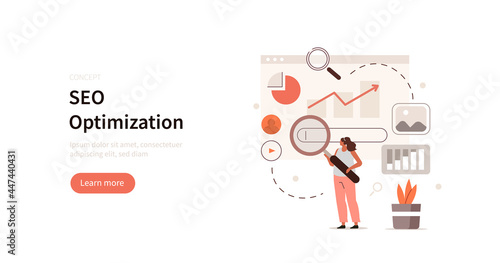 People character analyzing market trends and planning seo optimization strategy. Seo targeting and performance concept. Flat cartoon vector illustration and icons set.