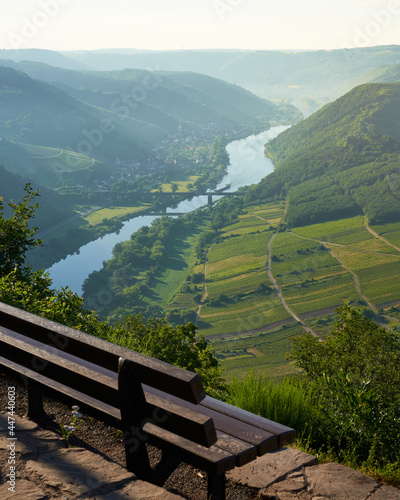 parkbench over Mosel river near Bremm, Ediger-Eller in west Germany in early summer morning