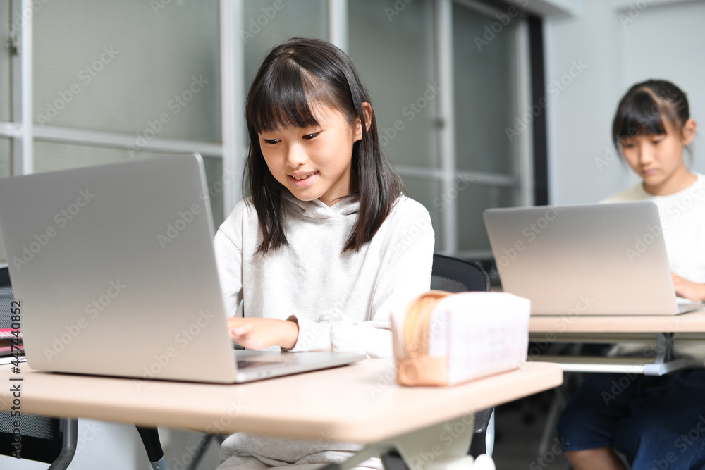 パソコン操作をする複数の女子学生達 パソコン操作をする複数の女子学生達