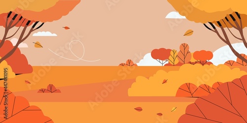 Vector illustration in cartoon flat style. Autumn landscape with hills and trees. Horizontal banner or background with copy space for text. Header image for websites, covers, poster, seasonal sale. photo