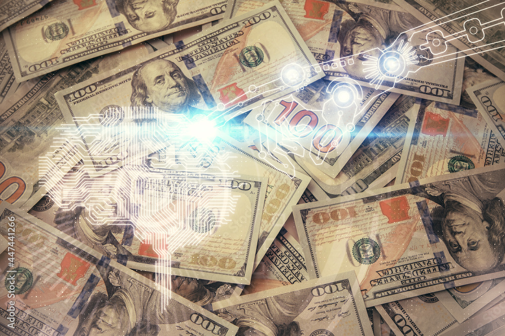 Double exposure of brain drawing over us dollars bill background. Technology concept. Double exposure of brain drawing over us dollars bill background. Technology concept.