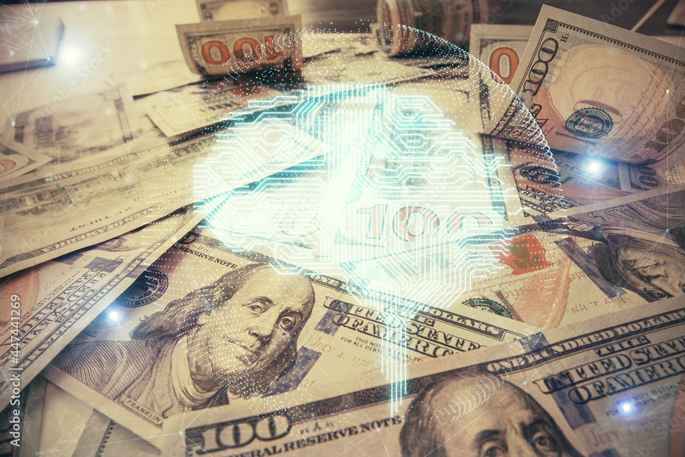 Double exposure of brain drawing over us dollars bill background. Technology concept. Double exposure of brain drawing over us dollars bill background. Technology concept.