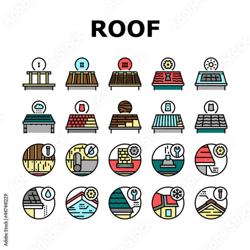 Roof Replacement Job Collection Icons Set Vector. Metal And Wooden Roof Replacement, Installation Solar Panel And Skylight, Ventilation And Renovation Line Pictograms. Contour Color Illustrations