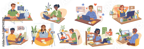 Child with computer set. Vector online study, homework and video games, boys and girls watching movies. Internet communication, blogger, chats and social networks, programming, leisure or dreaming