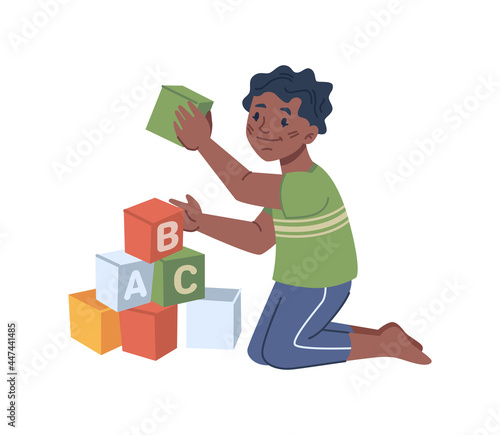 Child playing wooden cubes with abc alphabet letters. Isolated boy learning by games. Kindergarten activities or preschool preparation  lessons and classes at daycare. Flat cartoon character vector