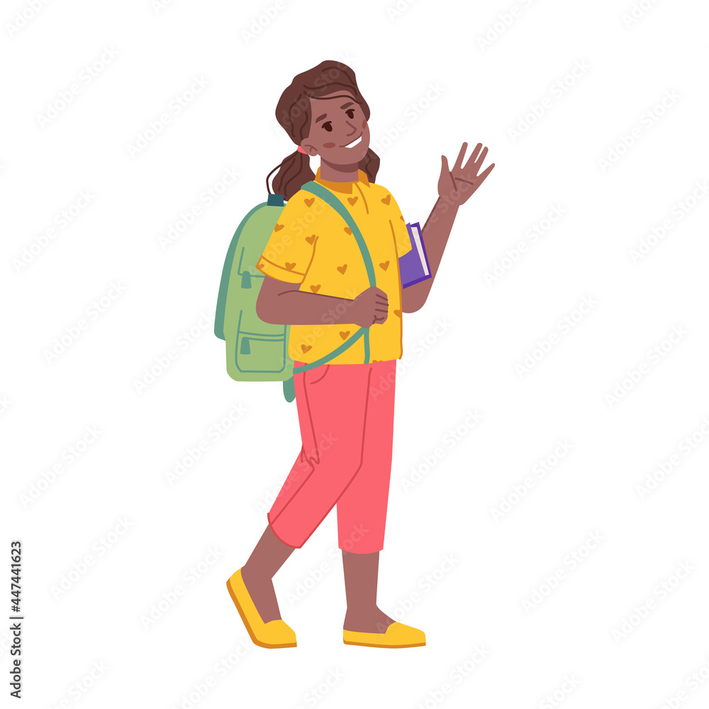 Greeting child walking to school waving hand, isolated female personage with satchel and book. Preteen girl attending uni lessons and classes to obtain knowledge. Flat cartoon character vector Greeting child walking to school waving hand, isolated female personage with satchel and book. Preteen girl attending uni lessons and classes to obtain knowledge. Flat cartoon character vector