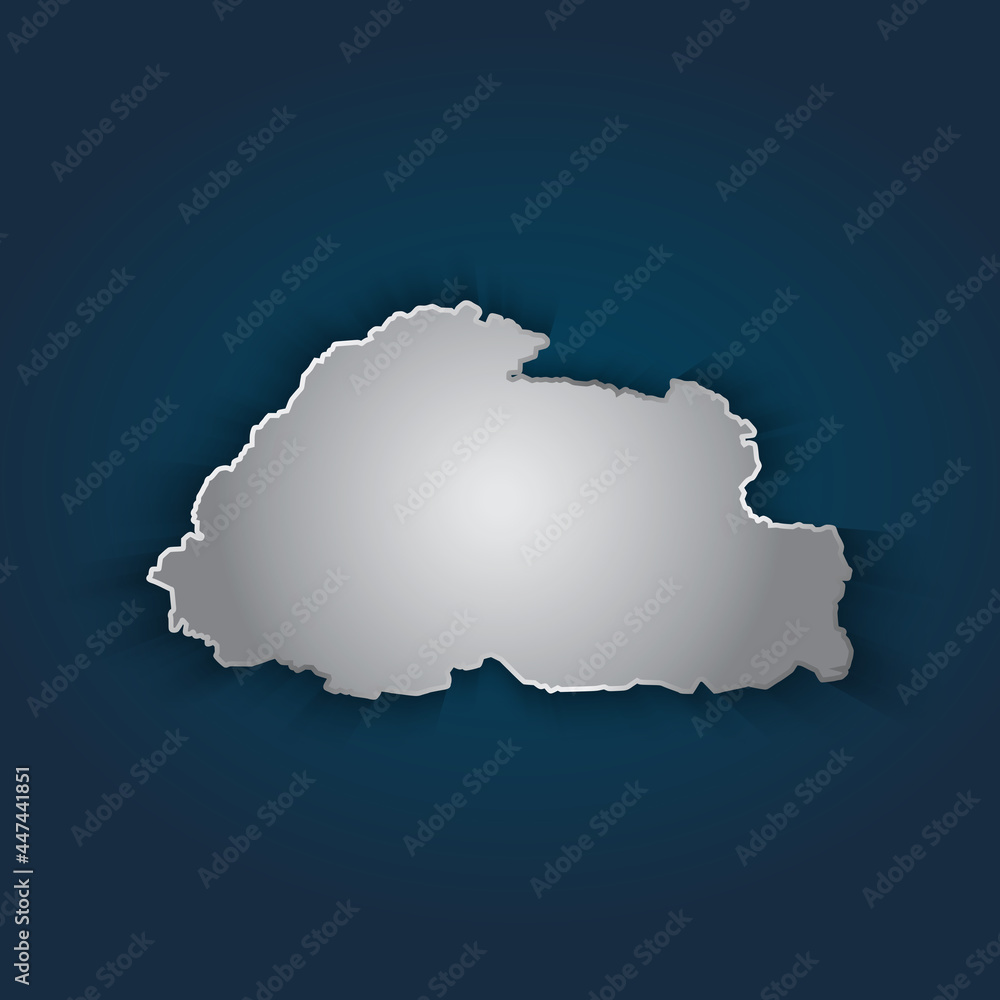 Bhutan map 3D metallic silver with chrome, shine gradient on dark blue background. Vector illustration EPS10.