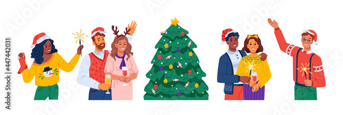 Men and women celebrating christmas and new year, personages holding bengal lights. Dancing friends or family members. Xmas party and seasonal winter fun. Flat style cartoon character vector