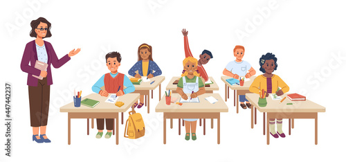 School lesson educational process, isolated teacher and children sitting at desks. Professor asking kid raising hand, obtaining knowledge, practice at classes. Flat style cartoon character vector