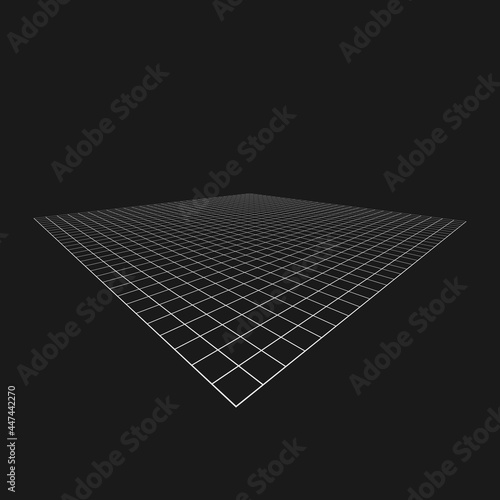 Retrofuturistic abstract perspective grid. Digital cyber retro design element. Grid in cyberpunk 80s style. Perspective geometry for poster, cover, merch in retrowave style. Vector