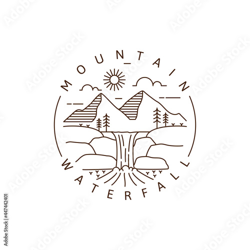 Mountain and waterfall outdoor monoline or line art style vector illustration